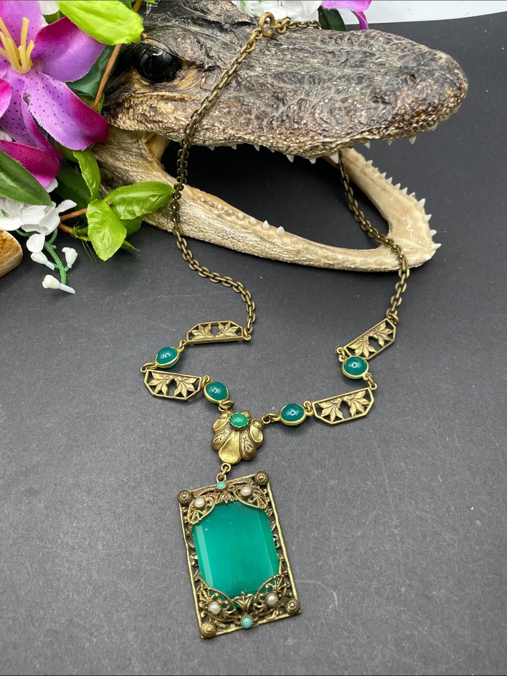 Art Deco brass and green glass necklace A14
